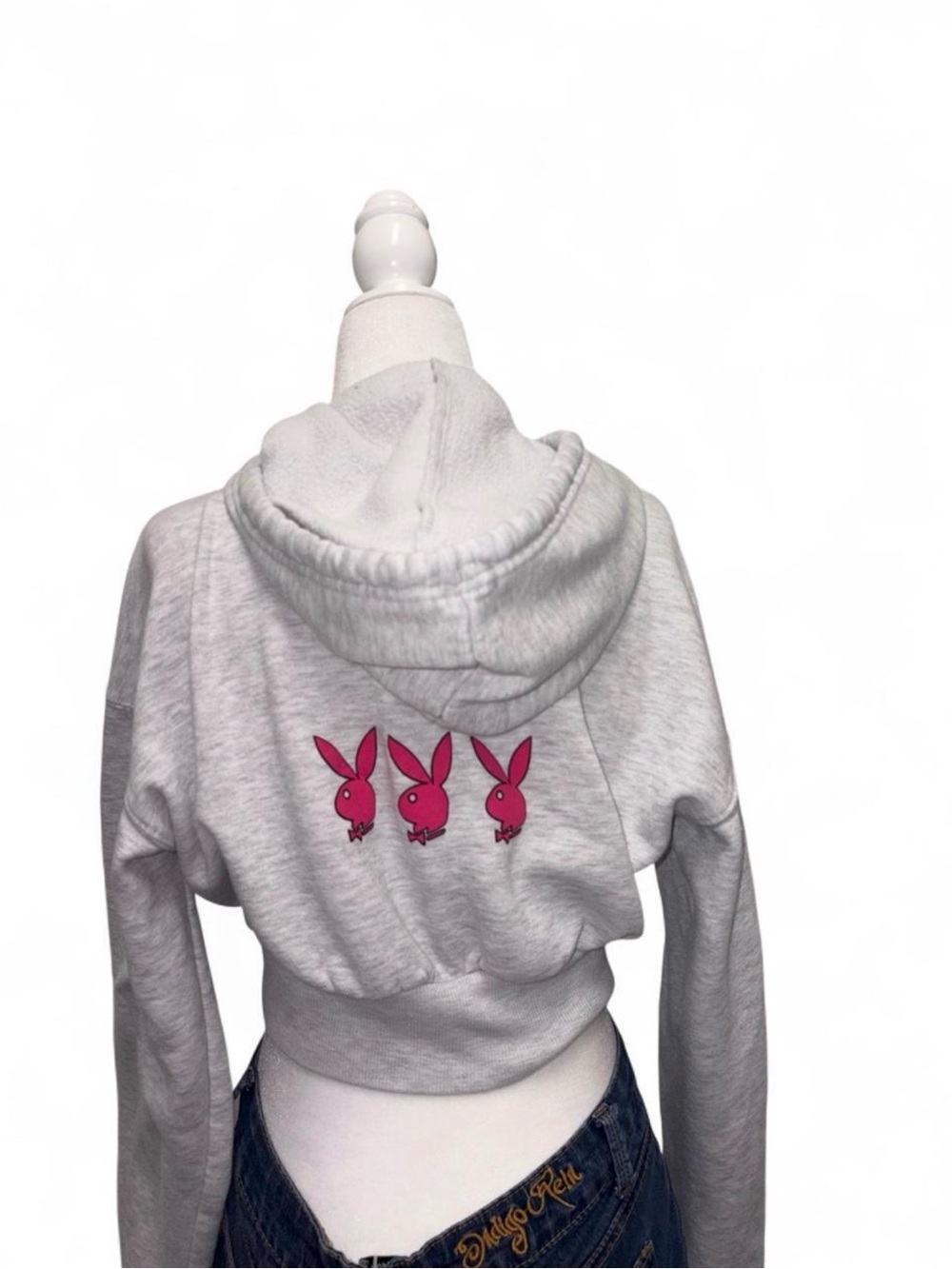 PLAYBOY Light Gray Cropped Hoodie with Pink Bunny Trio
